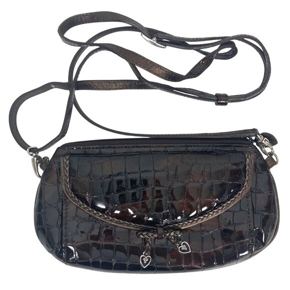 Brighton Croc Embossed Patent Leather Brown Cross Body Bag Converts To Clutch - Picture 1 of 10